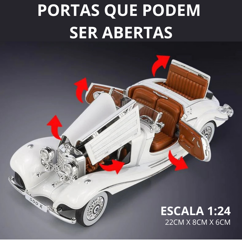 Miniatura Carro Mercedes Benz 500k Classic Vintage Metal com Som e Luz Escala 1:24