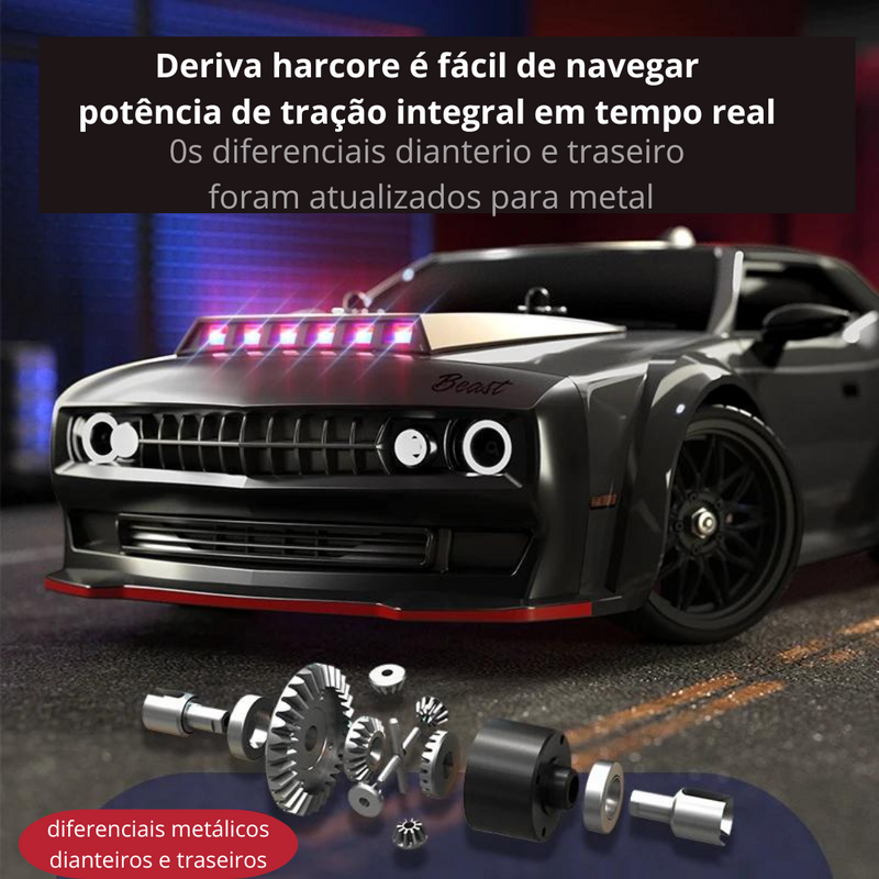 Carro drift RC com faróis LED; luzes de teto LED  velocidade de 70Km/h ou 40km/h com controle remoto