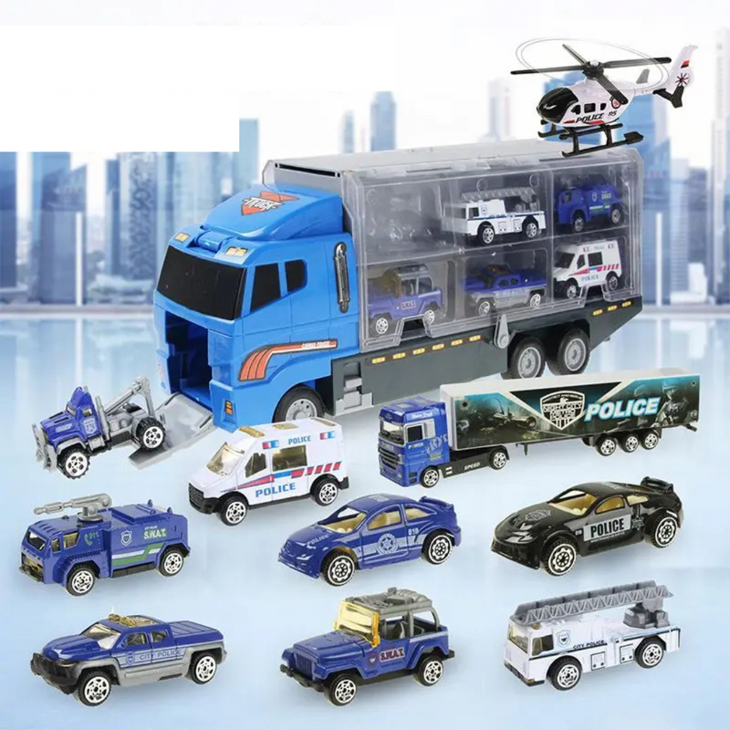 Brinquedo 2 em 1 Metal-Conjunto de Caminhões Com Mini Carros , Helicóptero, Tanque, Bombeiro