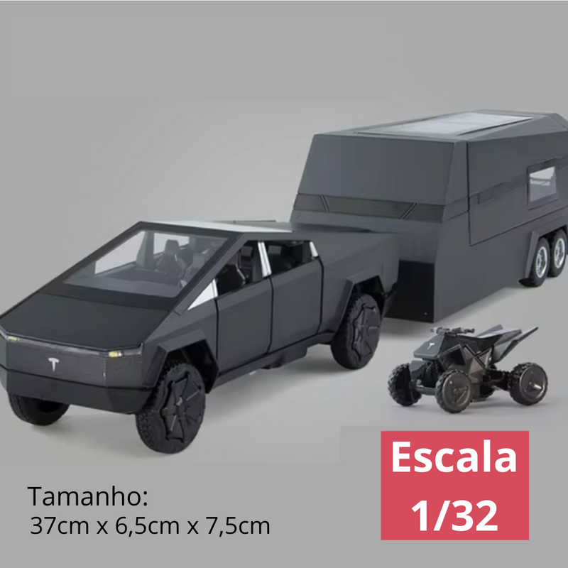 Cybertruck Pickup Trailer do Futuro, Metal Som e Luz Escala 1:32 + Carrinho de Presente