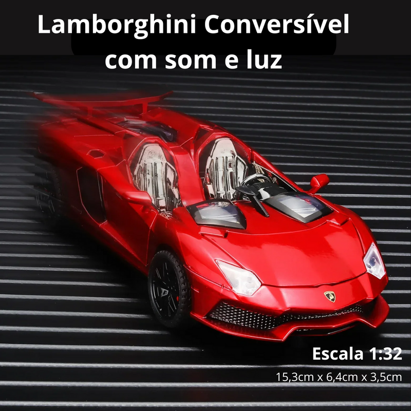 Miniatura Carro Lamborghini Conversível Metal Escala 1:32, Som e Luz