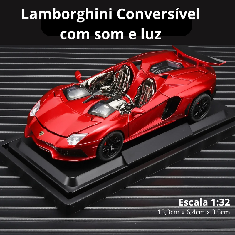 Miniatura Carro Lamborghini Conversível Metal Escala 1:32, Som e Luz