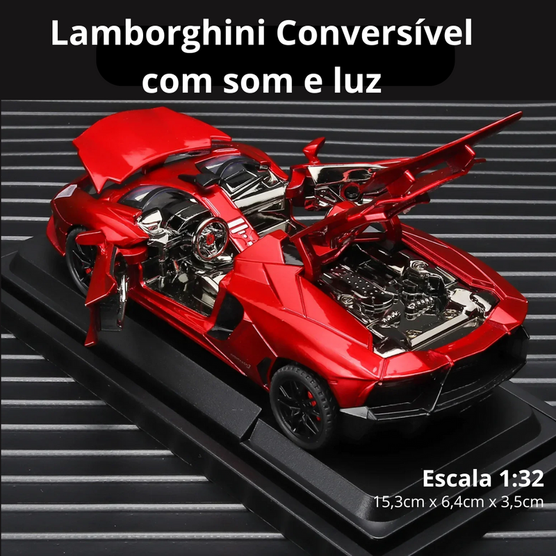 Miniatura Carro Lamborghini Conversível Metal Escala 1:32, Som e Luz