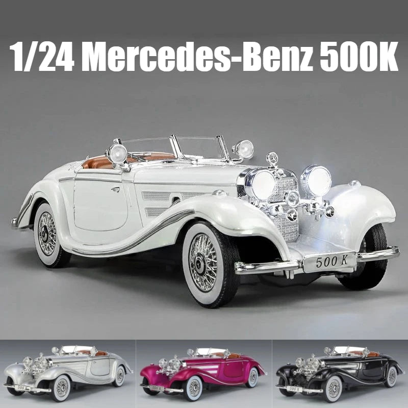 Miniatura Carro Mercedes Benz 500k Classic Vintage Metal com Som e Luz Escala 1:24