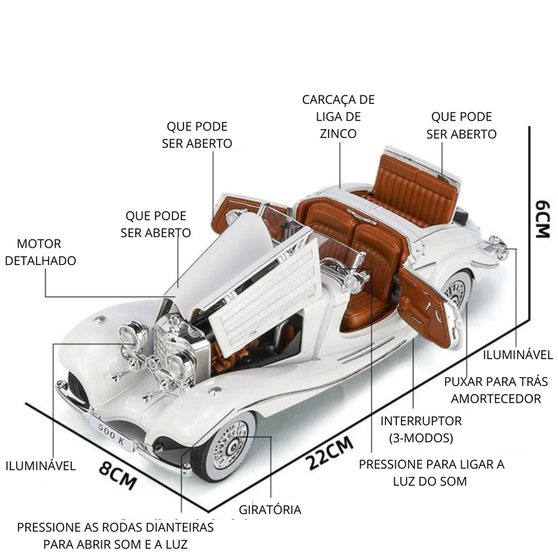 Miniatura Carro Mercedes Benz 500k Classic Vintage Metal com Som e Luz Escala 1:24