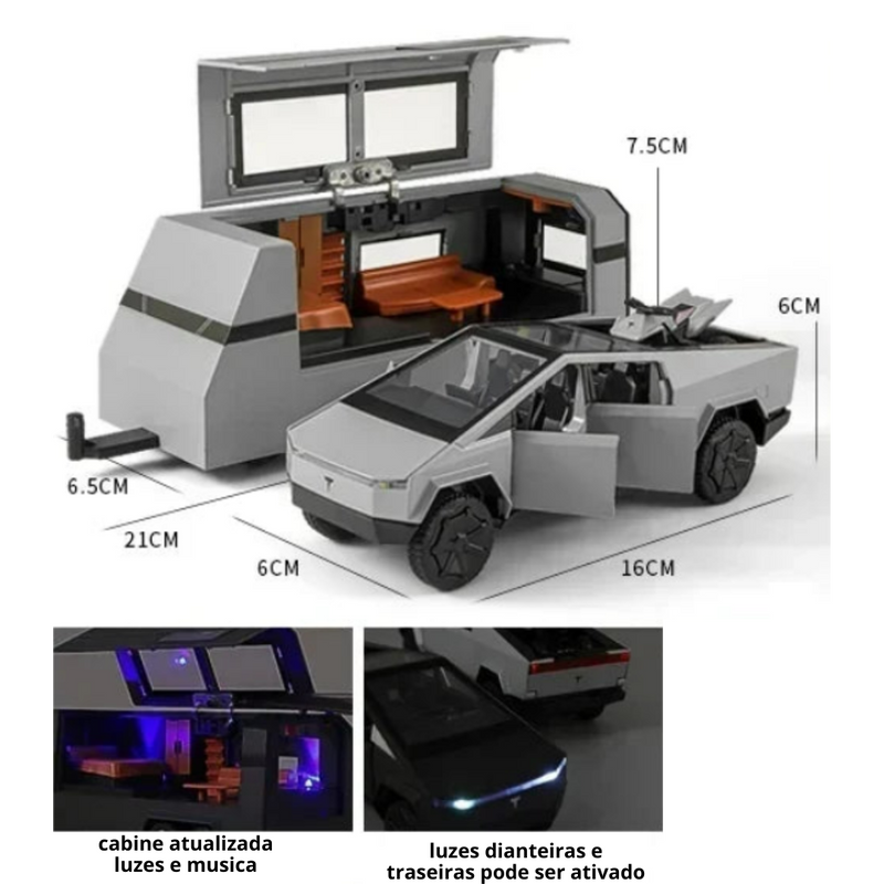 Cybertruck Pickup Trailer do Futuro, Metal Som e Luz Escala 1:32 + Carrinho de Presente