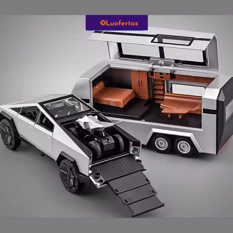 Cybertruck Pickup Trailer do Futuro, Metal Som e Luz Escala 1:32 + Carrinho de Presente