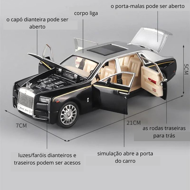 Miniatura Carro Fantasma Rolls Royce Metal Som e Luz Escala 1:24