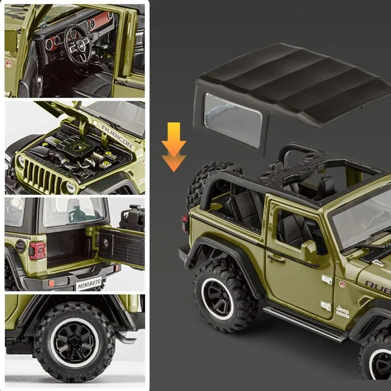 Miniatura Off-Road 7 portas Metal Wrangler Diecast Toy Escala 1:32, Som e luz, portas abertas