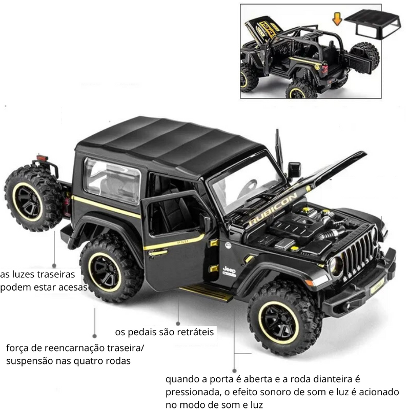 Miniatura Off-Road 7 portas Metal Wrangler Diecast Toy Escala 1:32, Som e luz, portas abertas